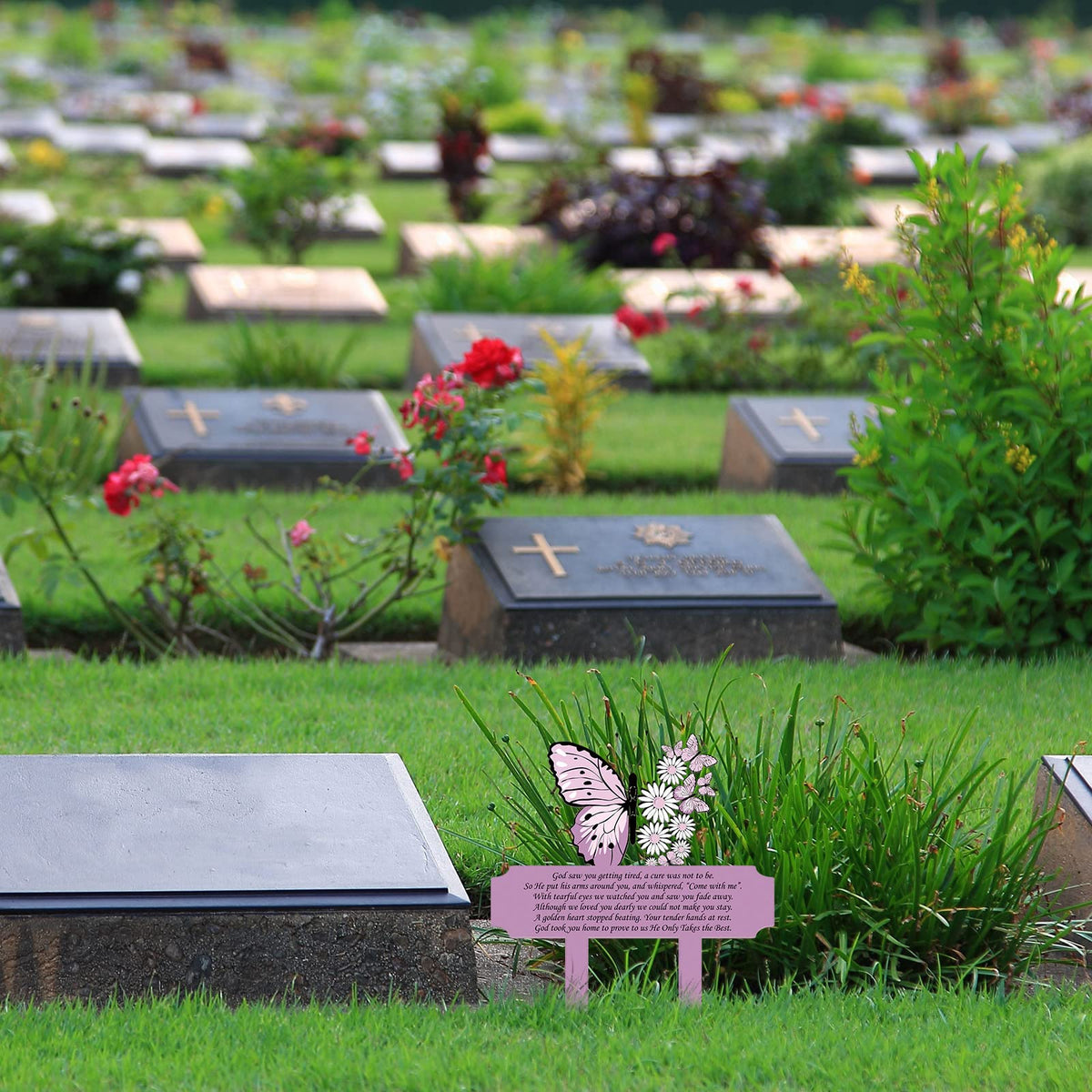 Maitys cemetery ornament adds color and comfort to outdoor funeral sites.