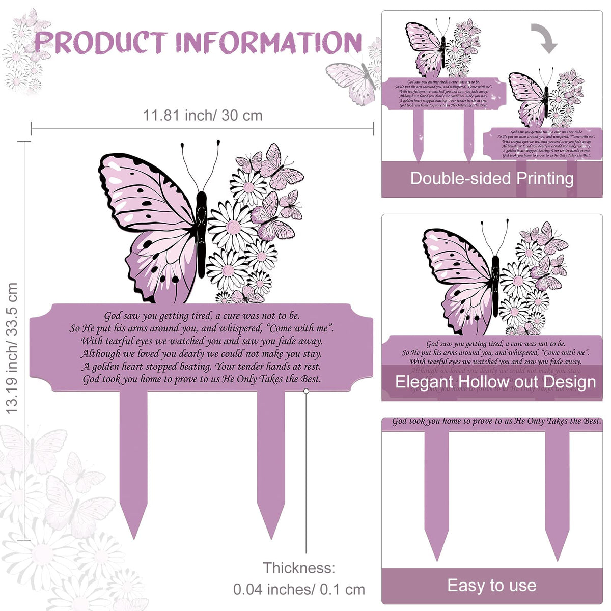 Maitys purple memorial stake highlights a serene cemetery tribute.