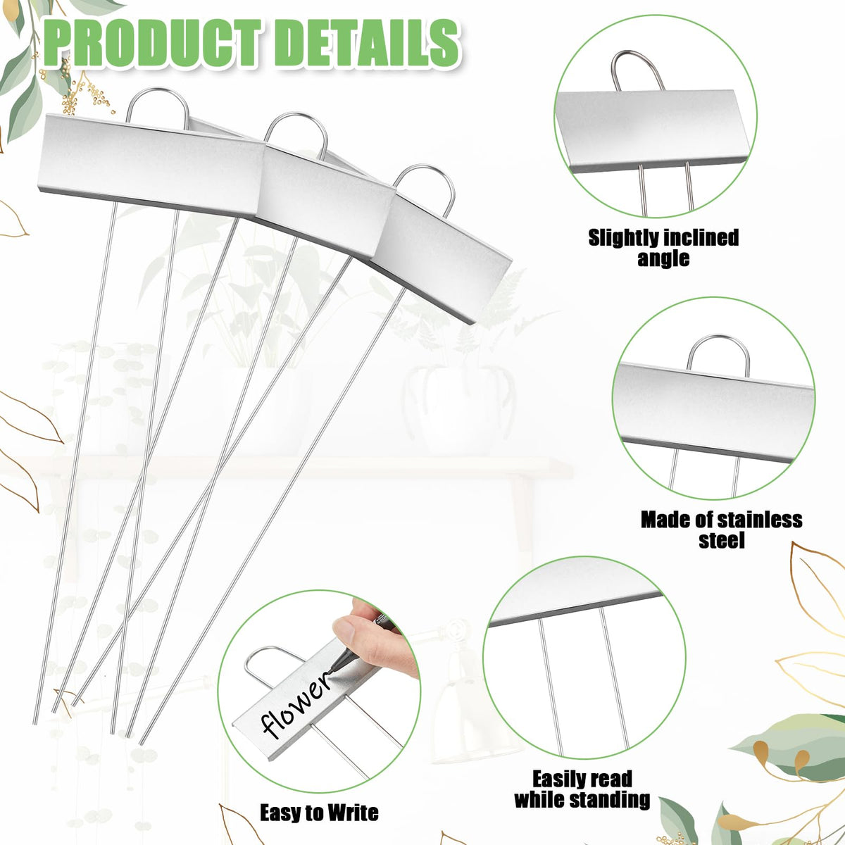 Maitys tilted two-leg stakes securing plant labels in soil for stability.
