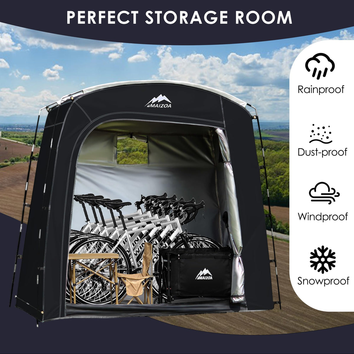 MAIZOA Bike Storage Tent durable fabric emphasizes weather protection for your equipment.