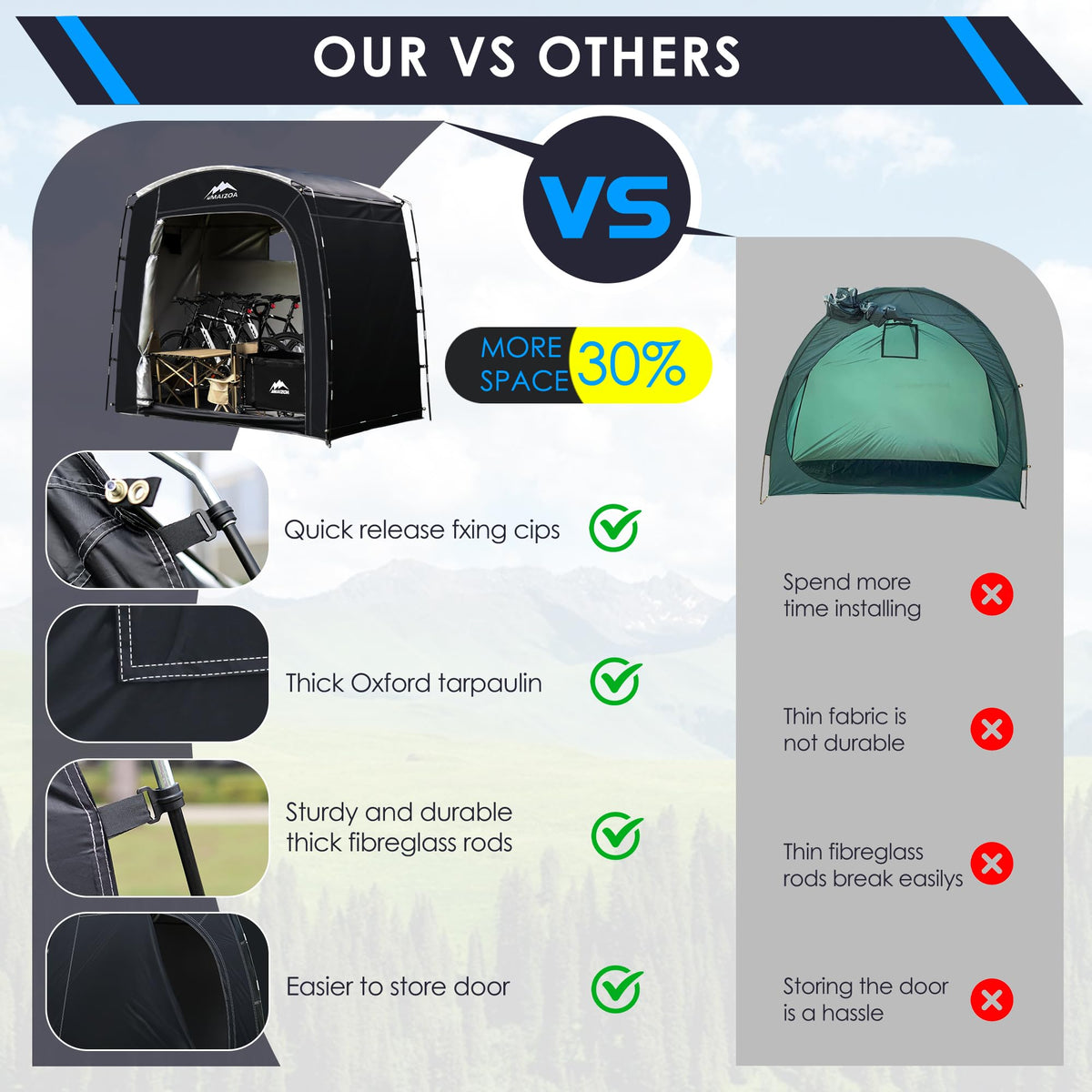MAIZOA Bike Storage Tent multi-use design supports bikes, lawn equipment, and garden tools.