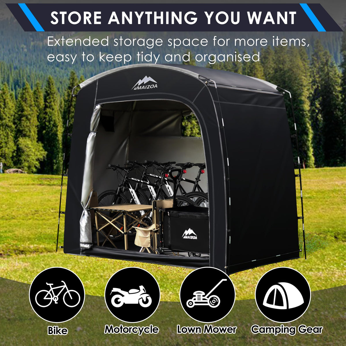 MAIZOA Bike Storage Tent open-front view highlights easy access to bikes and tools.