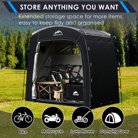 MAIZOA Bike Storage Tent open-front view highlights easy access to bikes and tools.