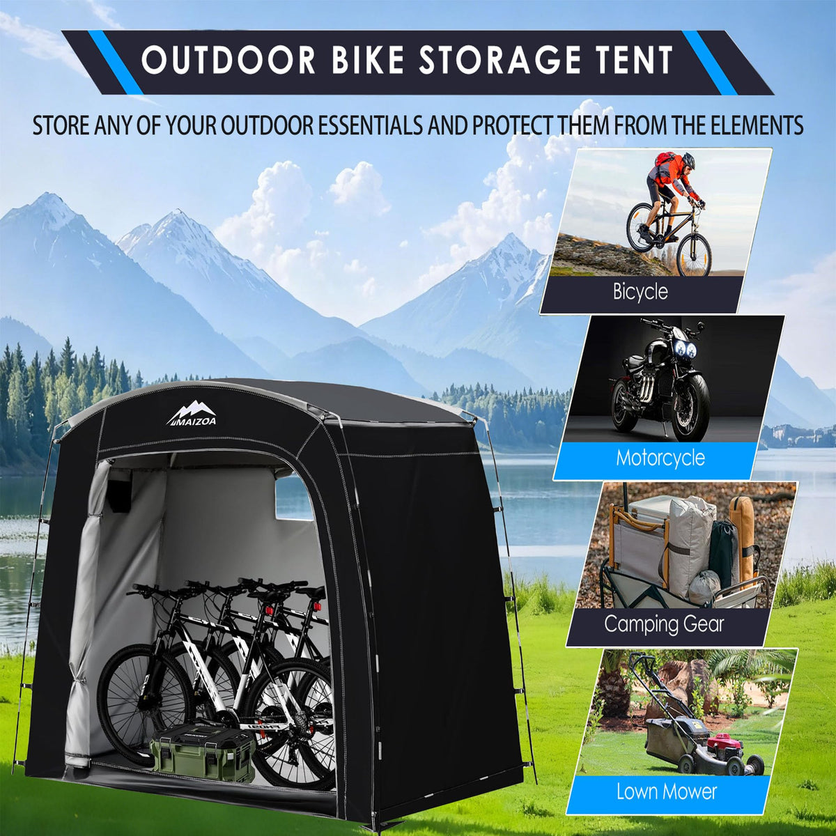 MAIZOA Bike Storage Tent ventilation window illustrates airflow that prevents moisture.