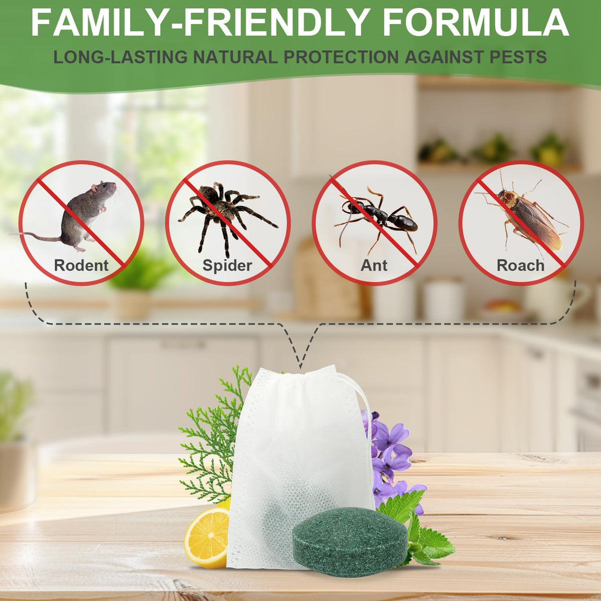 Majero peppermint lemon oil ingredients illustrated for chemical-free pest deterrence.