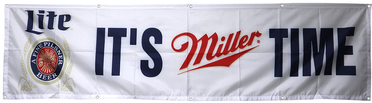 MAKABAKA Miller Lite flag banner 2x8ft, ideal for mancave decor and outdoor visibility.
