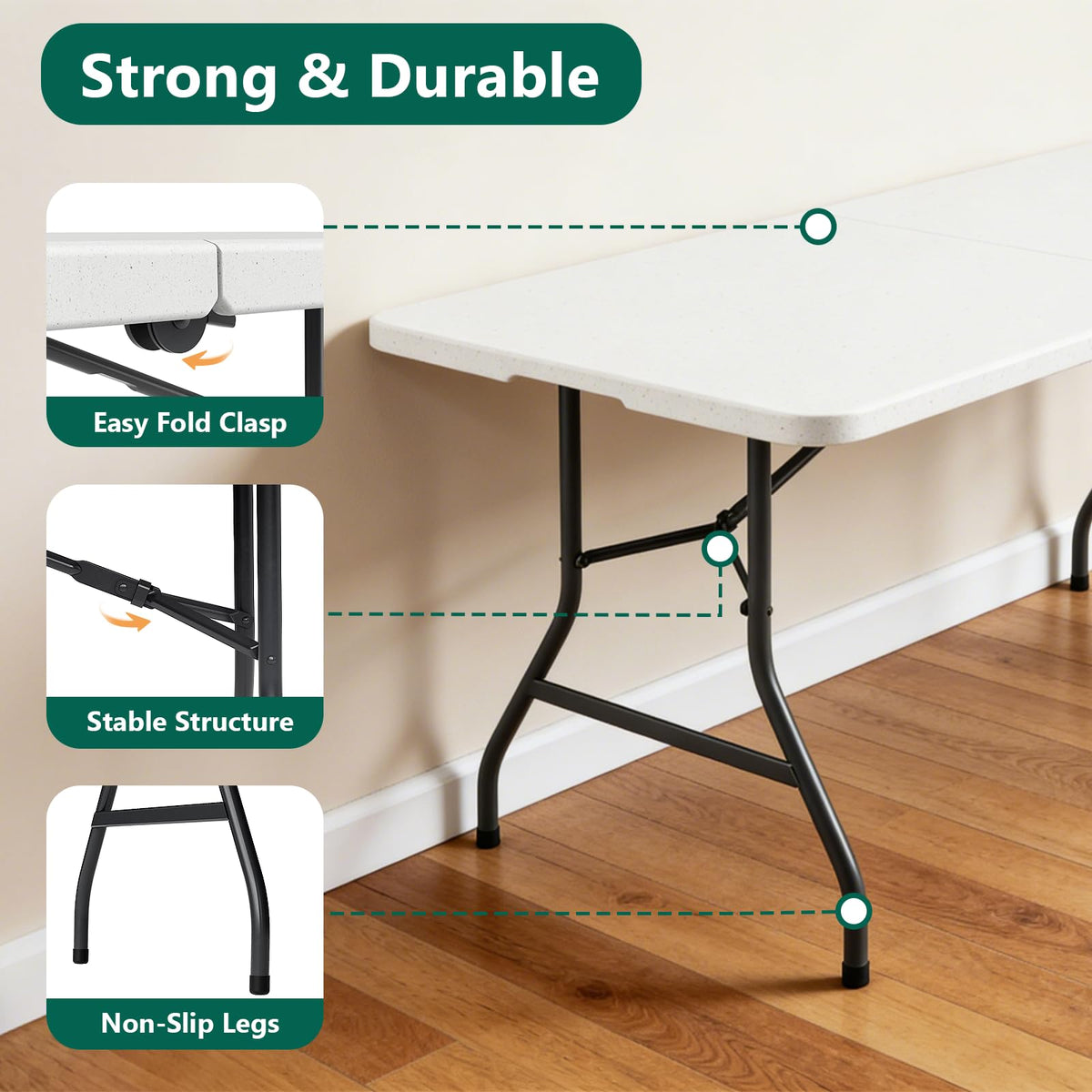 Make Changes 6ft folding table folded compact stored neatly in tight spaces