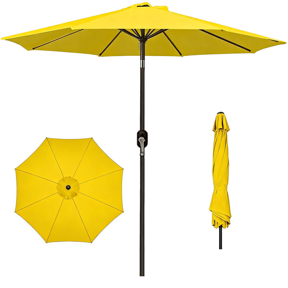MAKE CHANGES 9FT umbrella fully open for broad shade and sunny yellow ambiance