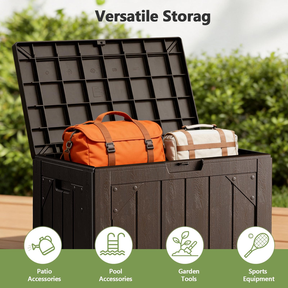 MAKE CHANGES cushions and pool towels neatly stored in outdoor box