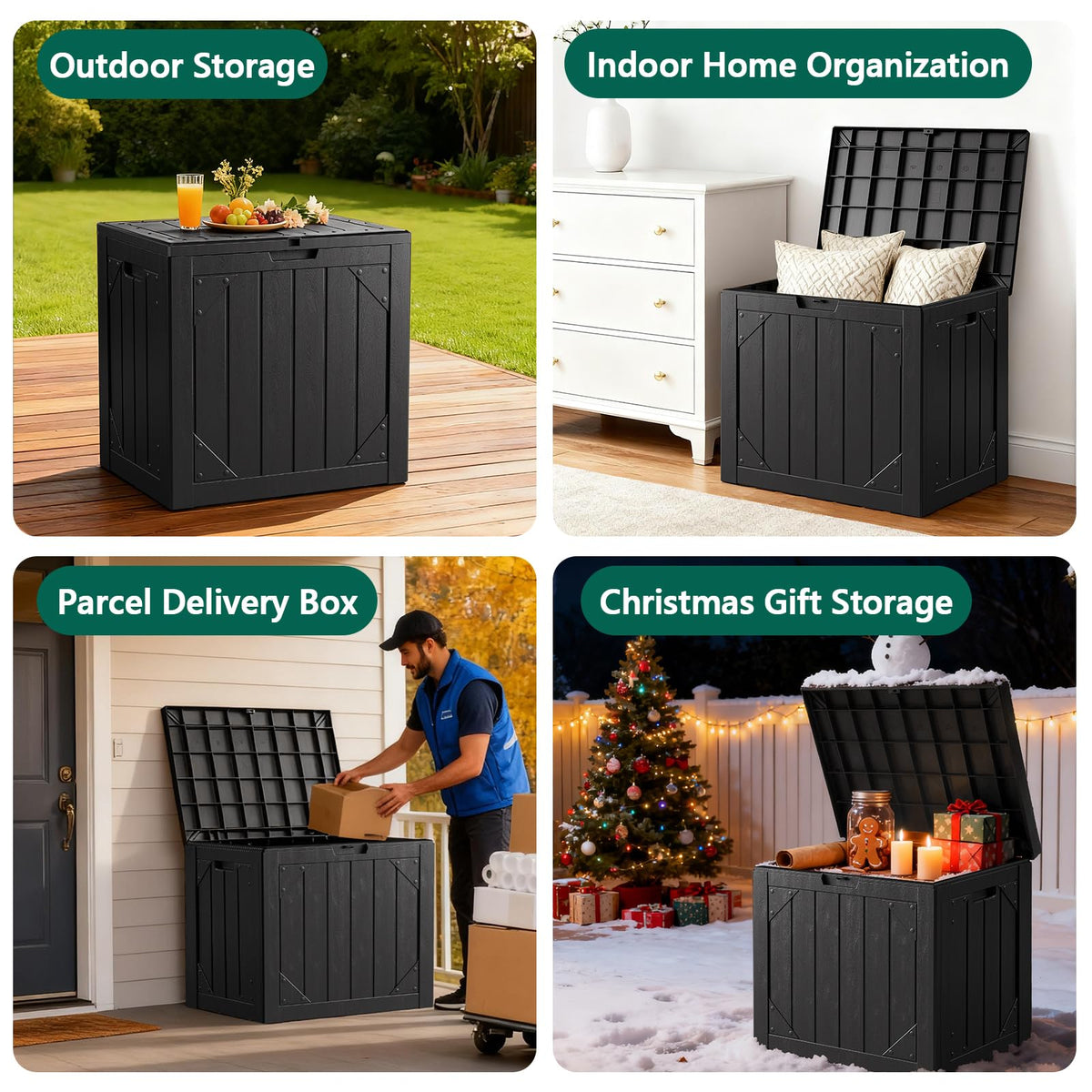 MAKE CHANGES deck box with waterproof lid keeps cushions dry during rain.