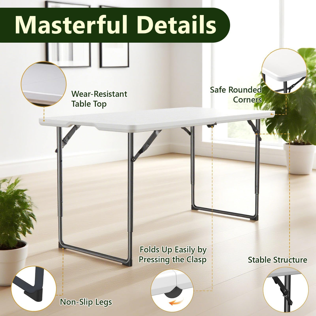 Make Changes folding table durable plastic top resists dents and stains