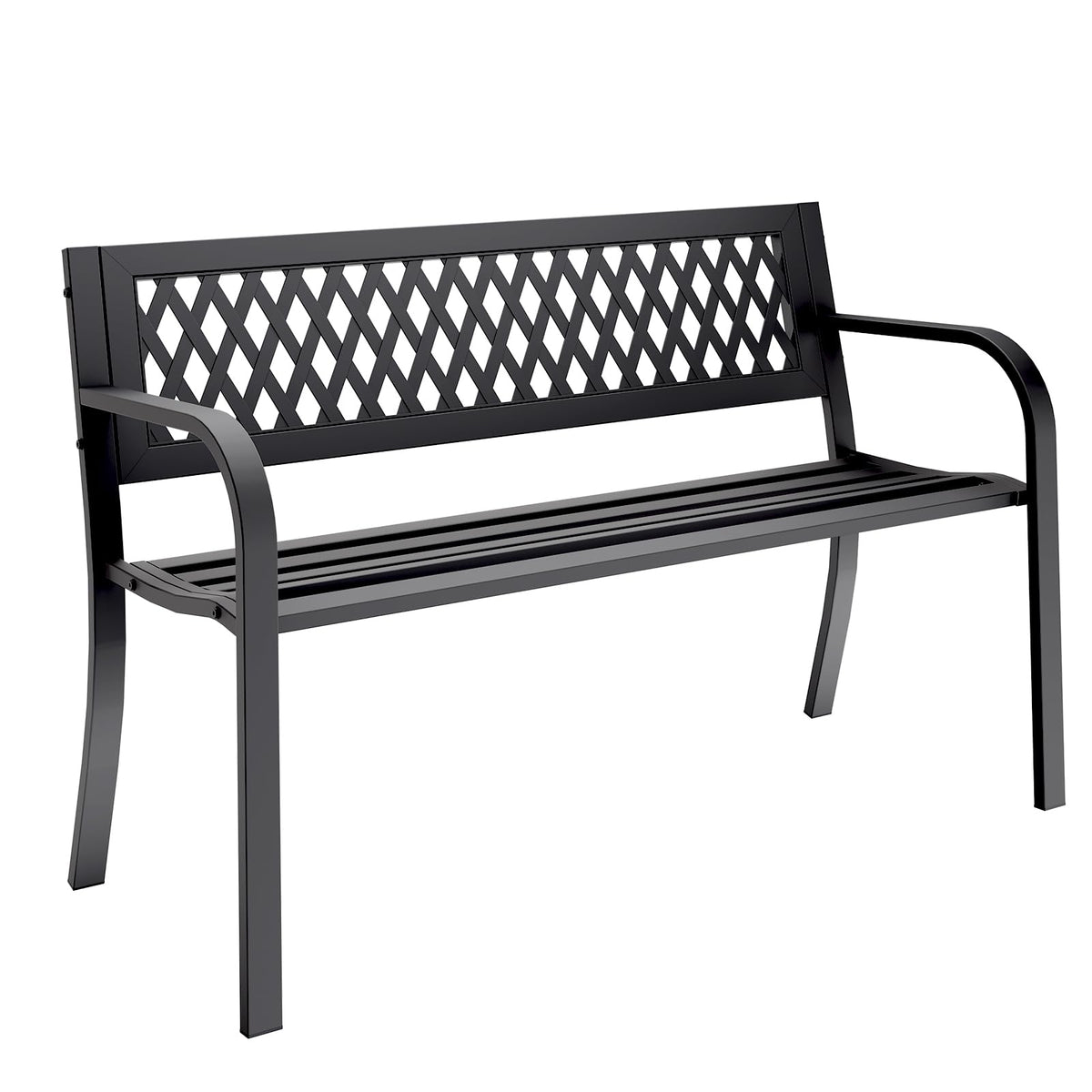 MAKE CHANGES outdoor bench full view showing sturdy steel frame supports two adults safely