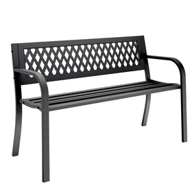 MAKE CHANGES outdoor bench full view showing sturdy steel frame supports two adults safely