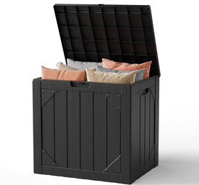 MAKE CHANGES 31-gallon outdoor storage box closed, concealing pool tools and cushions for a tidy patio.