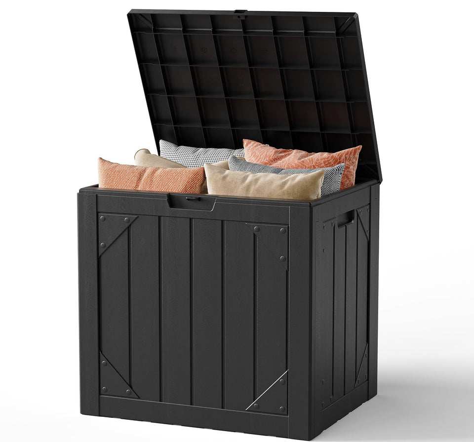 MAKE CHANGES 31-gallon outdoor storage box closed, concealing pool tools and cushions for a tidy patio.