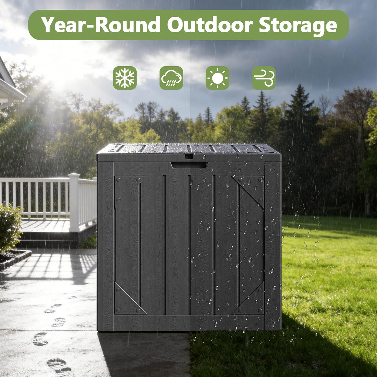 MAKE CHANGES outdoor storage box built-in bench use demonstrates dual functionality.