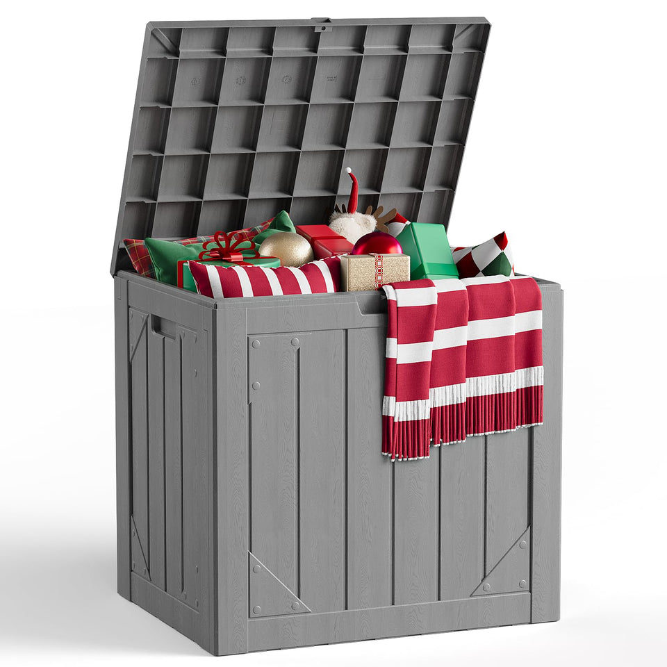 MAKE CHANGES outdoor storage box front view shows spacious capacity for cushions and tools.