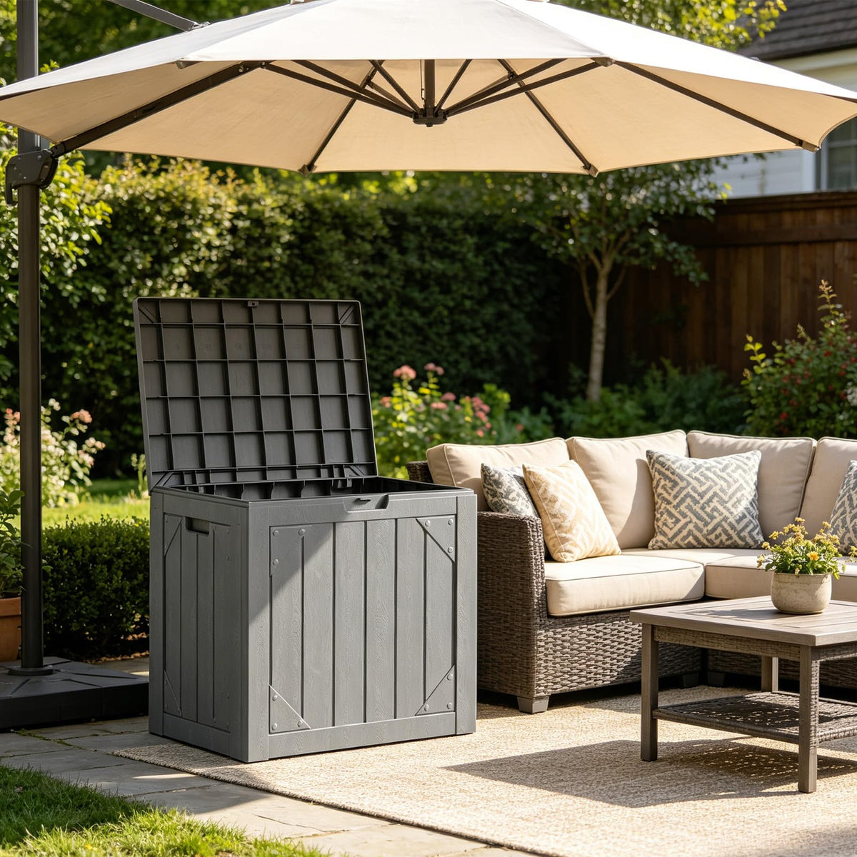 MAKE CHANGES outdoor storage box open lid for easy access to garden gear.