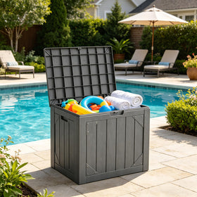 MAKE CHANGES outdoor storage box side detail highlights UV-resistant resin finish.