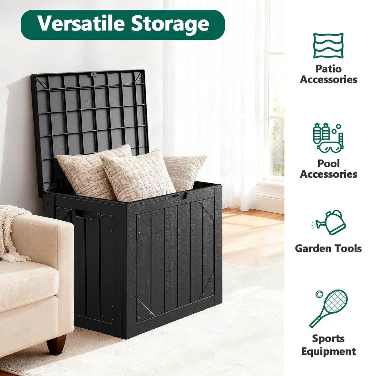 MAKE CHANGES outdoor storage box demonstrates tool-free assembly for quick setup.