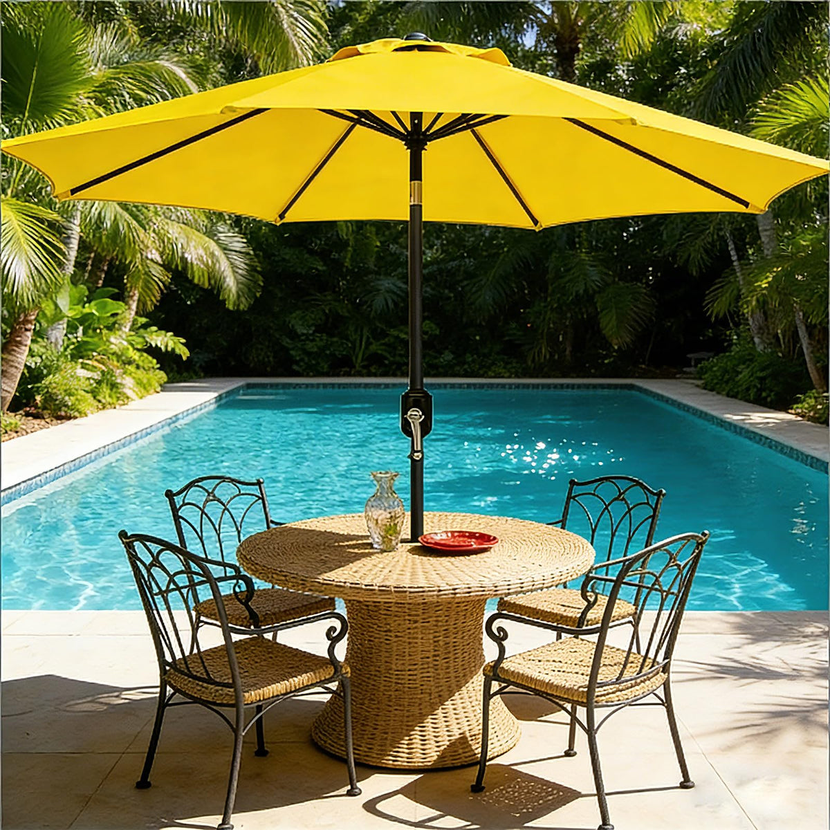 MAKE CHANGES umbrella beside table setup ready for outdoor dining
