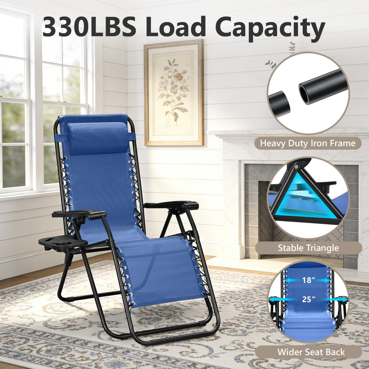 Make Changes Zero Gravity Chair blue 26-inch wide seat for roomy comfort.