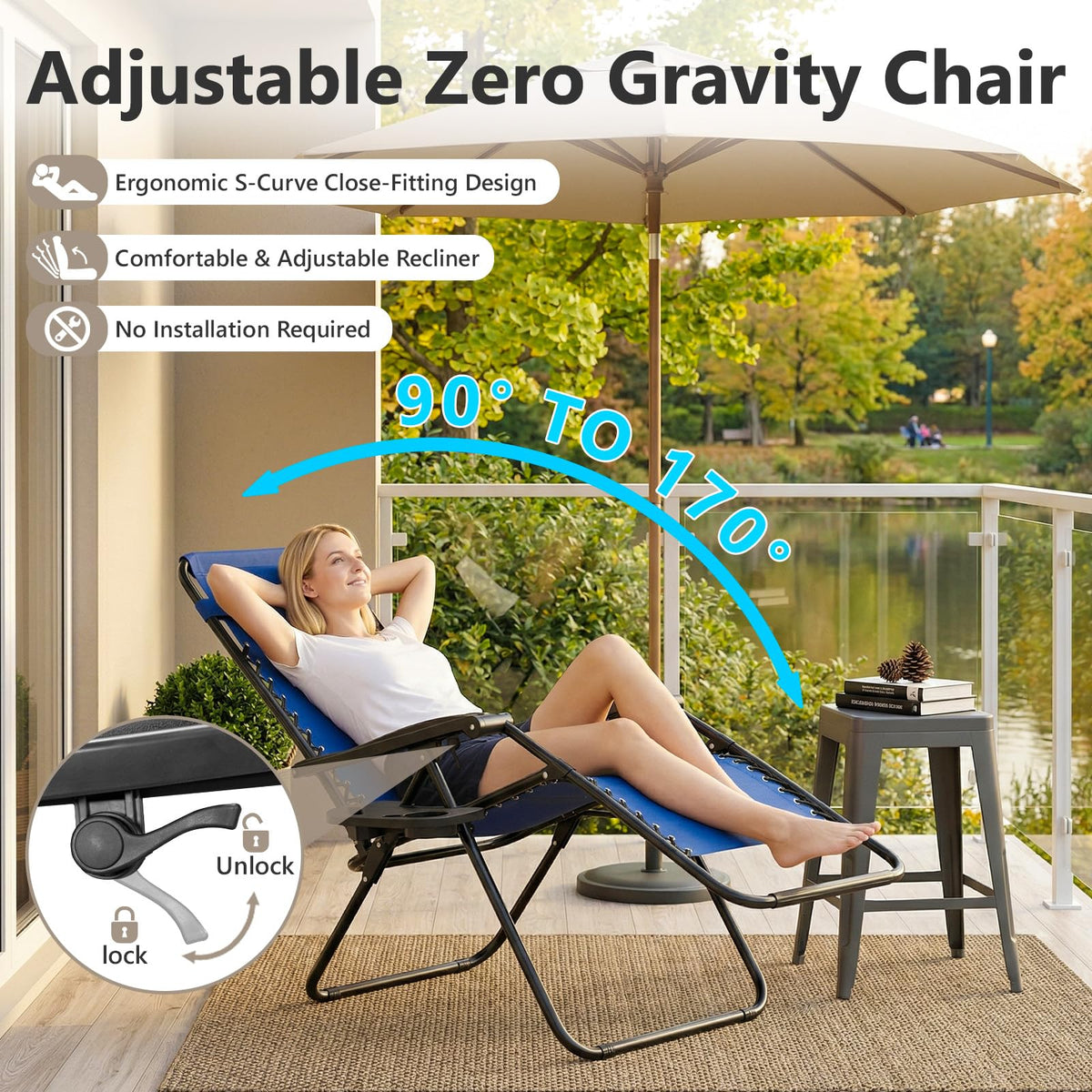 Make Changes Zero Gravity Chair blue breathable mesh promotes cooling comfort.