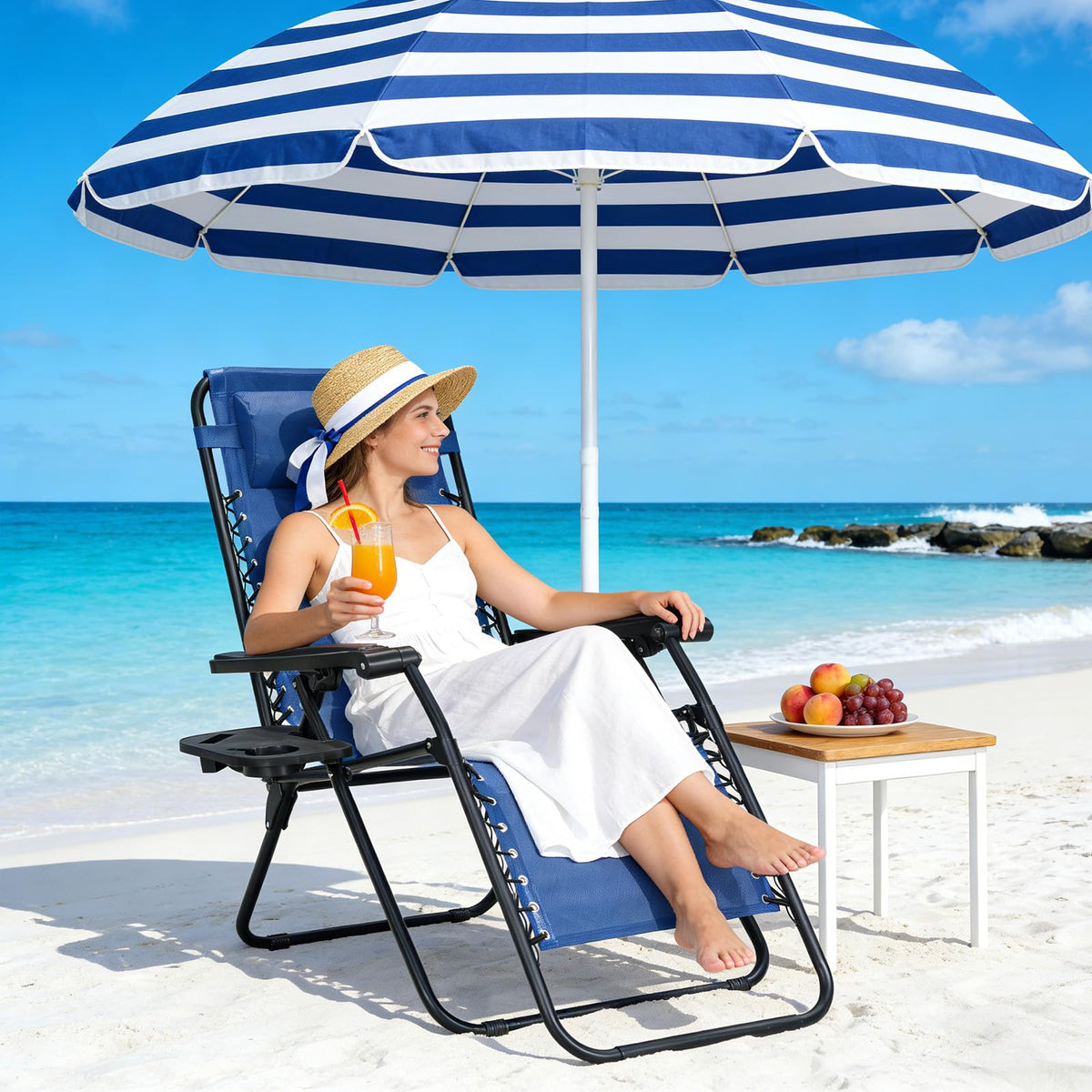 Make Changes Zero Gravity Chair blue folds flat for compact transport.