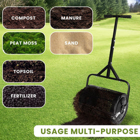 Makeatree versatile spreader applying fertilizer or seed across lawn.