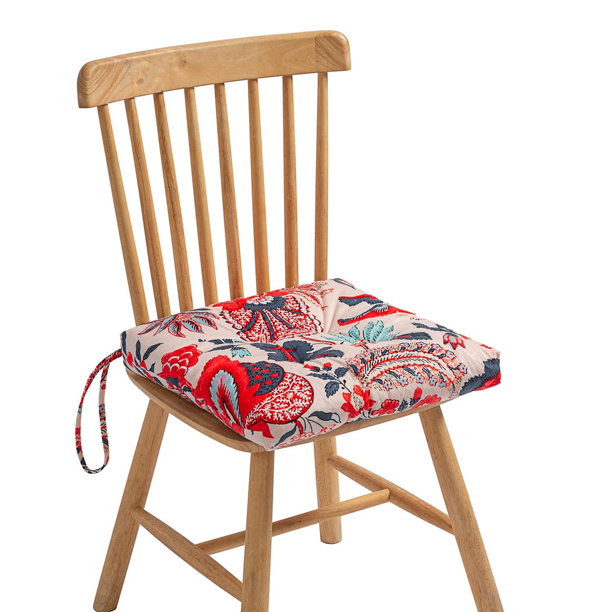 Makimoo chair cushion with blue-red leaves elevates casual meals