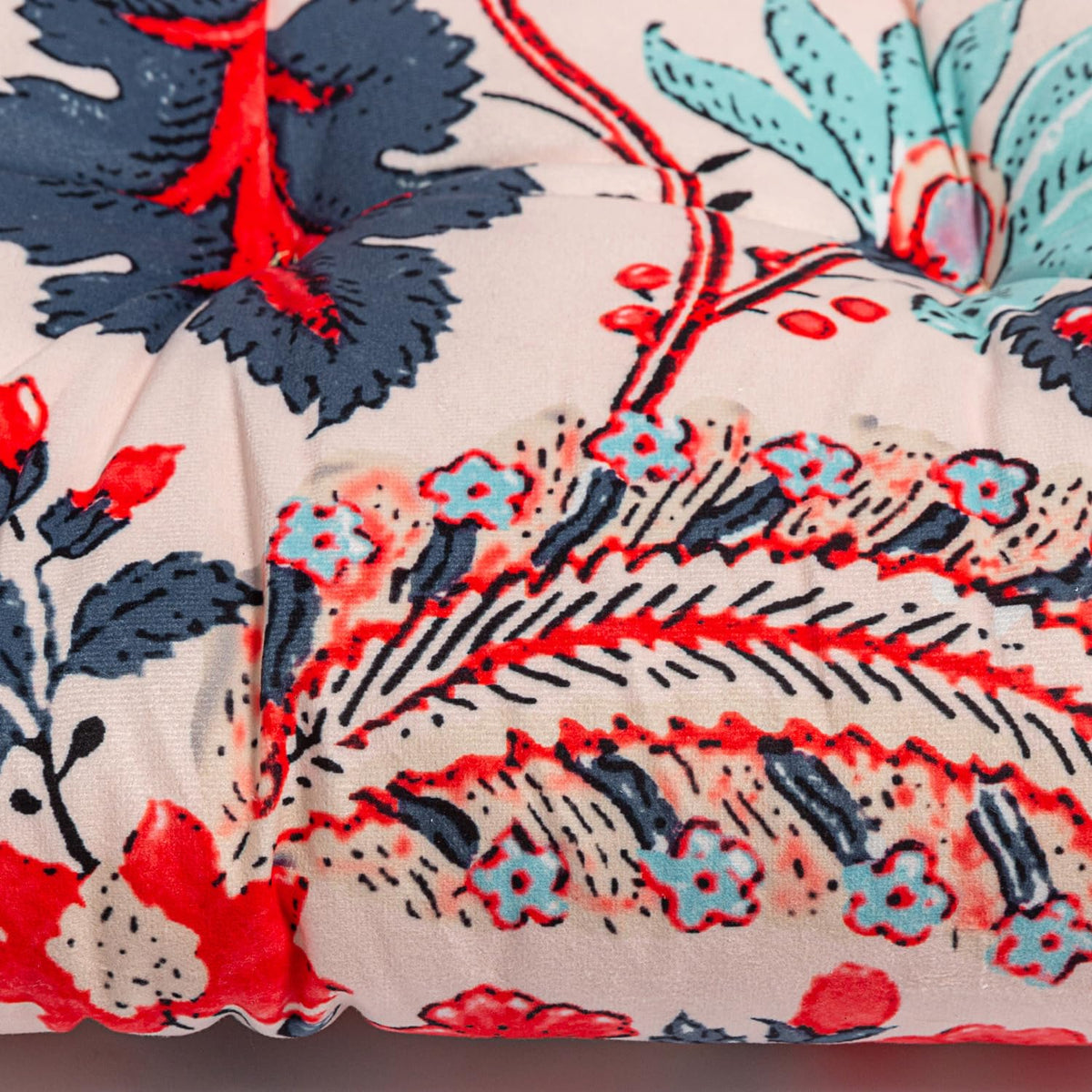 Makimoo blue-red leaves pattern cushion creates inviting outdoor dining