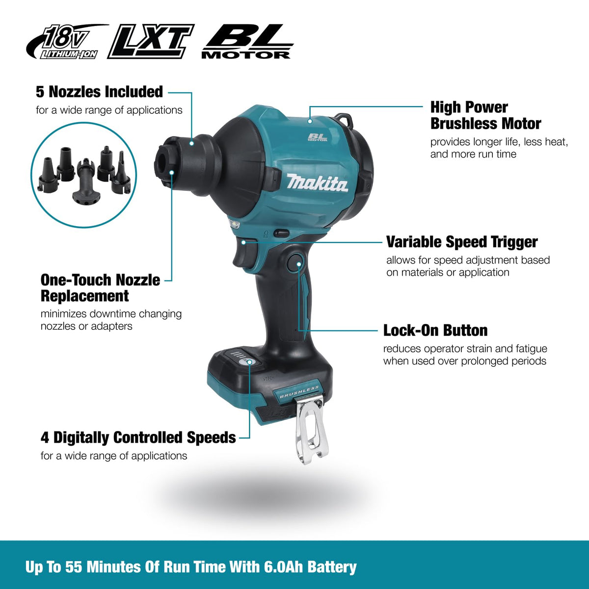 Makita DAS180Z nozzle replacement demonstrates quick tool-less change capability.
