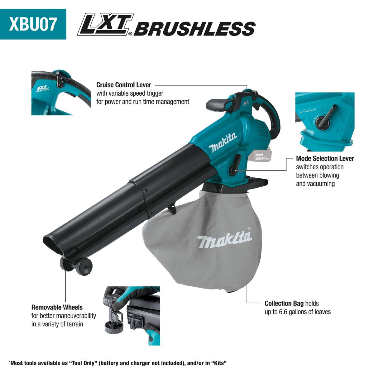 Makita XBU07Z vacuum mode for leaves and lightweight debris.