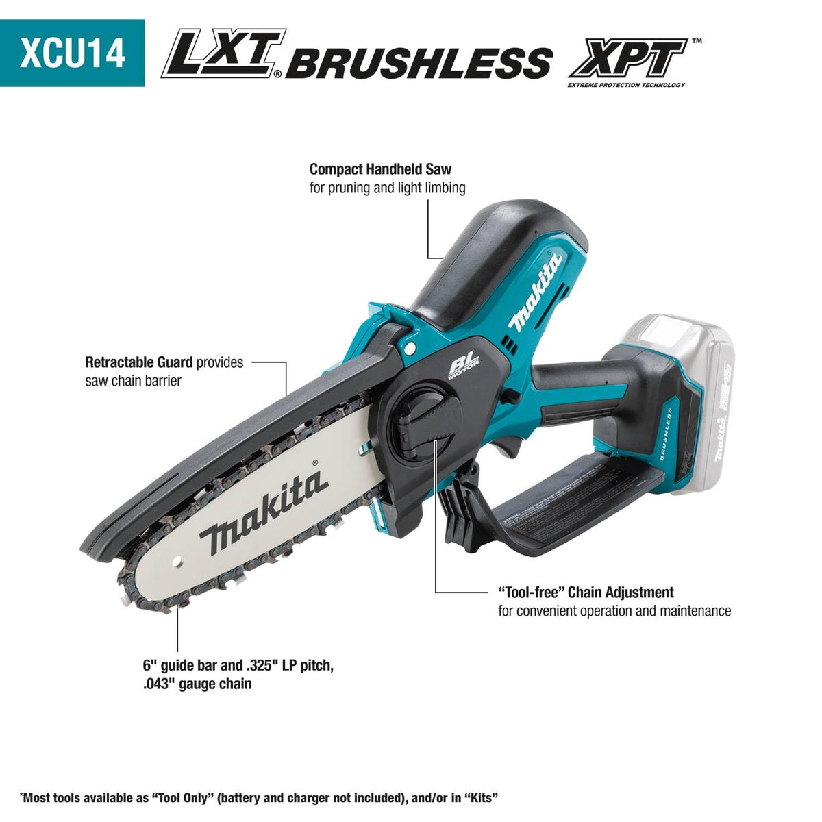 Close-up of Makita XCU14Z soft grip handle for comfortable pruning.
