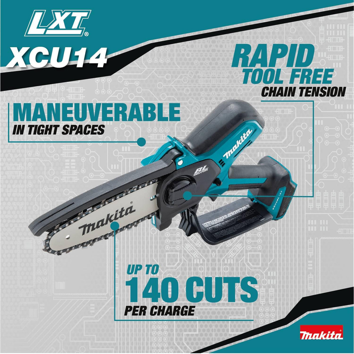 Tool-free chain adjustment on Makita XCU14Z for quick maintenance.
