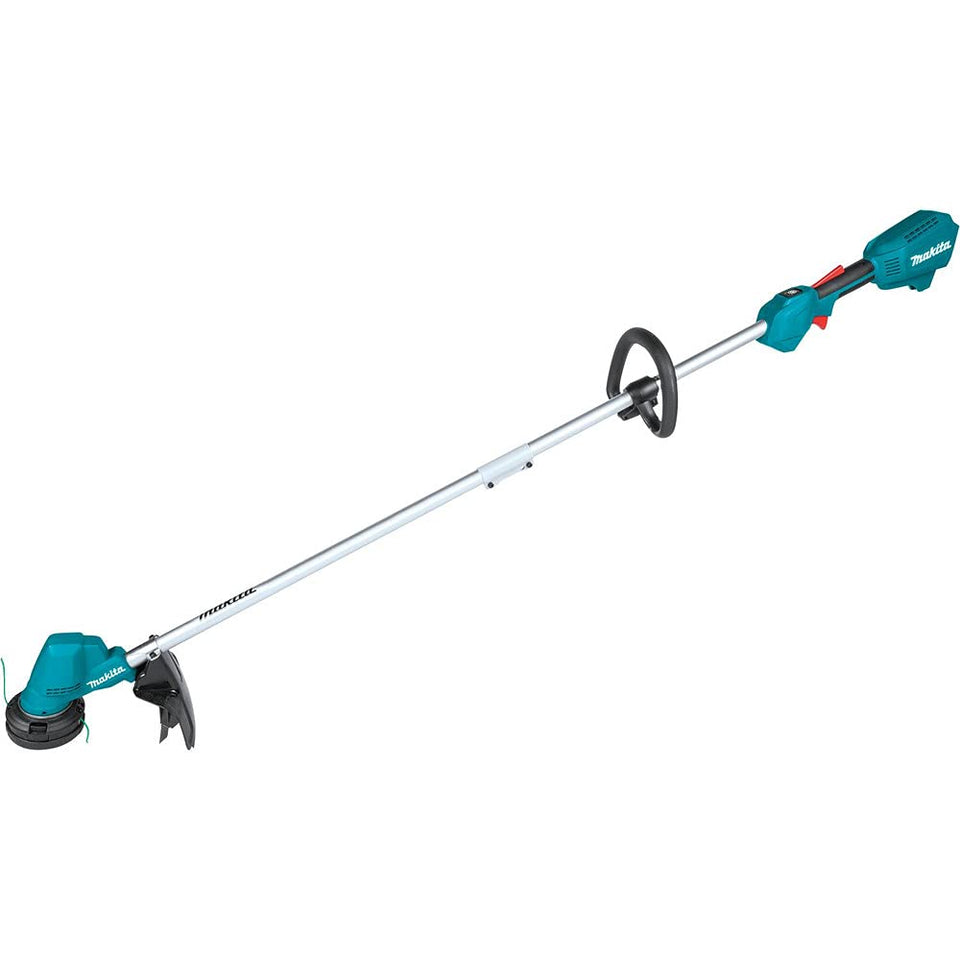 Makita XRU23Z trimmer head close-up, rapid-load bump-and-feed for quick line loading.