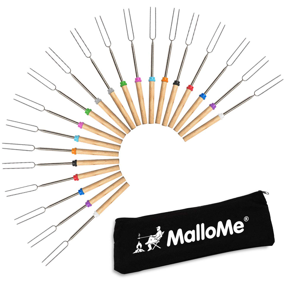 MalloMe marshmallow roasting sticks with wooden handles provide a steady grip for safe campfires.