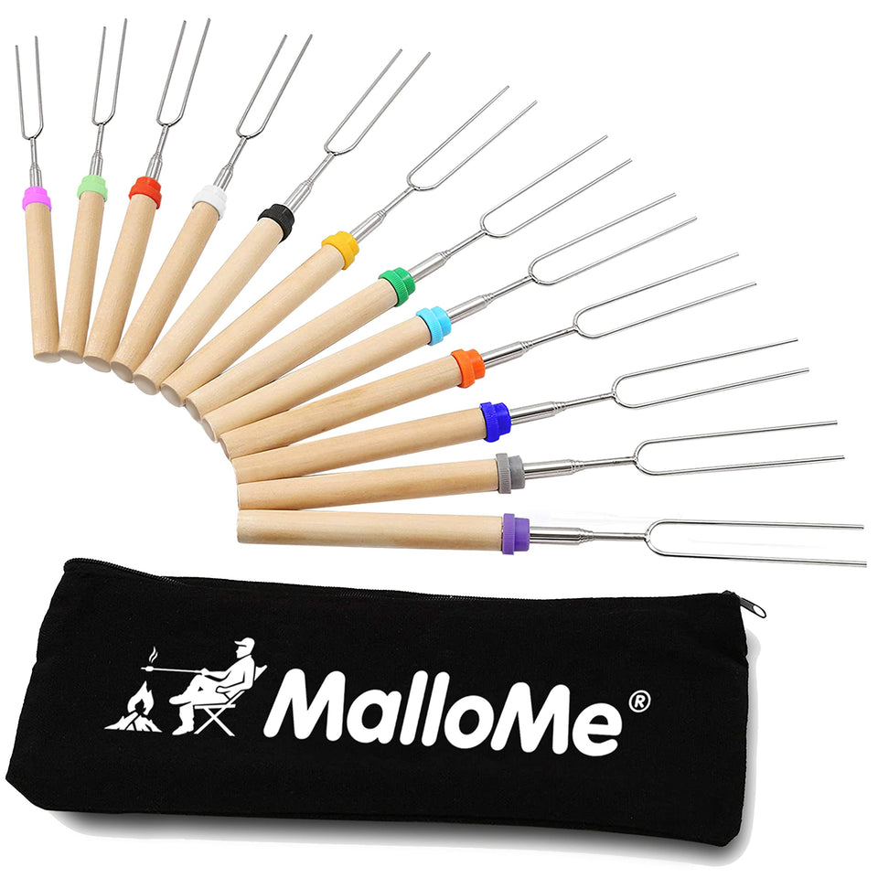 MalloMe 32in telescoping smores sticks in action at campfire for safe roasting