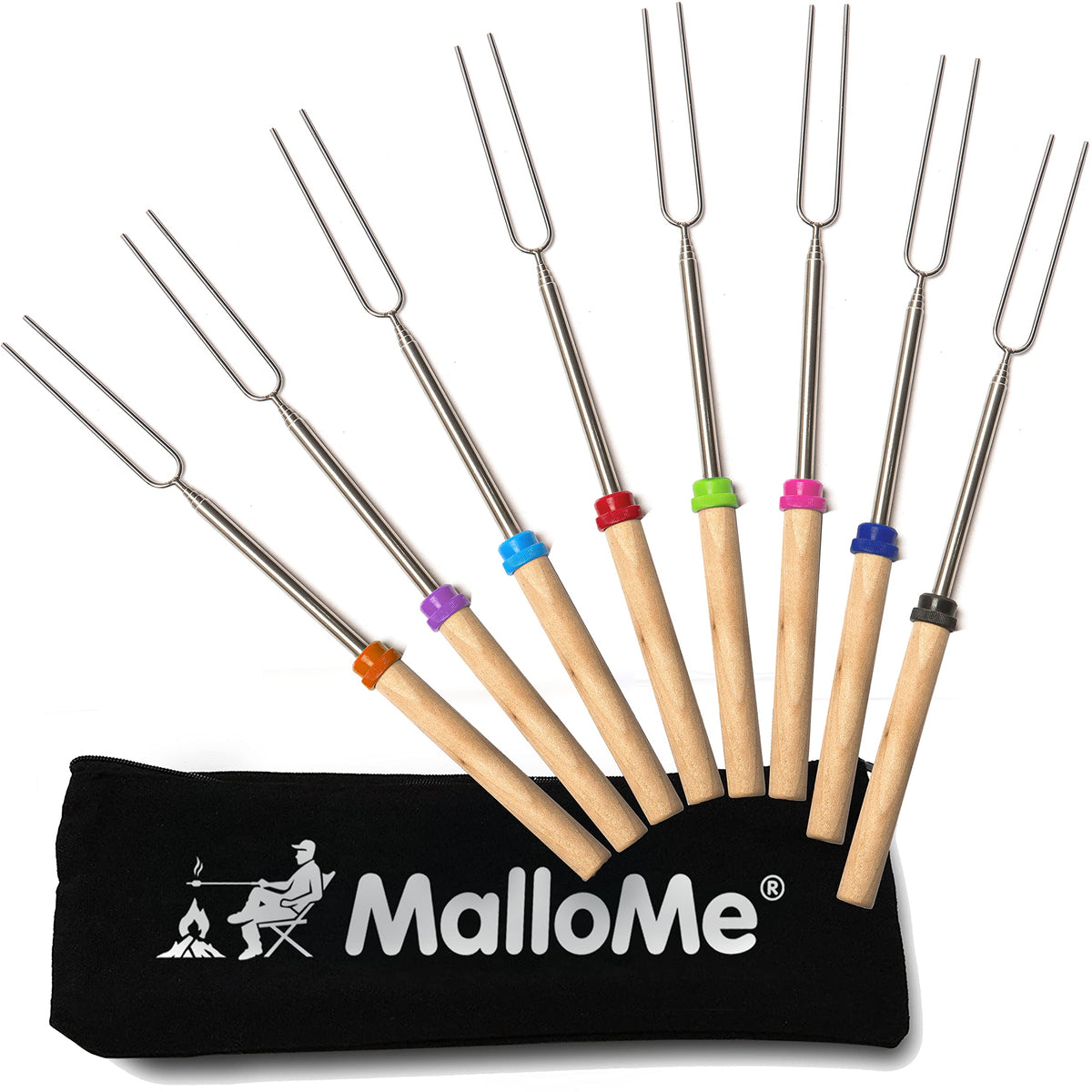 MalloMe Smores Sticks with 32-inch wooden-handled roasting forks for safe backyard use.