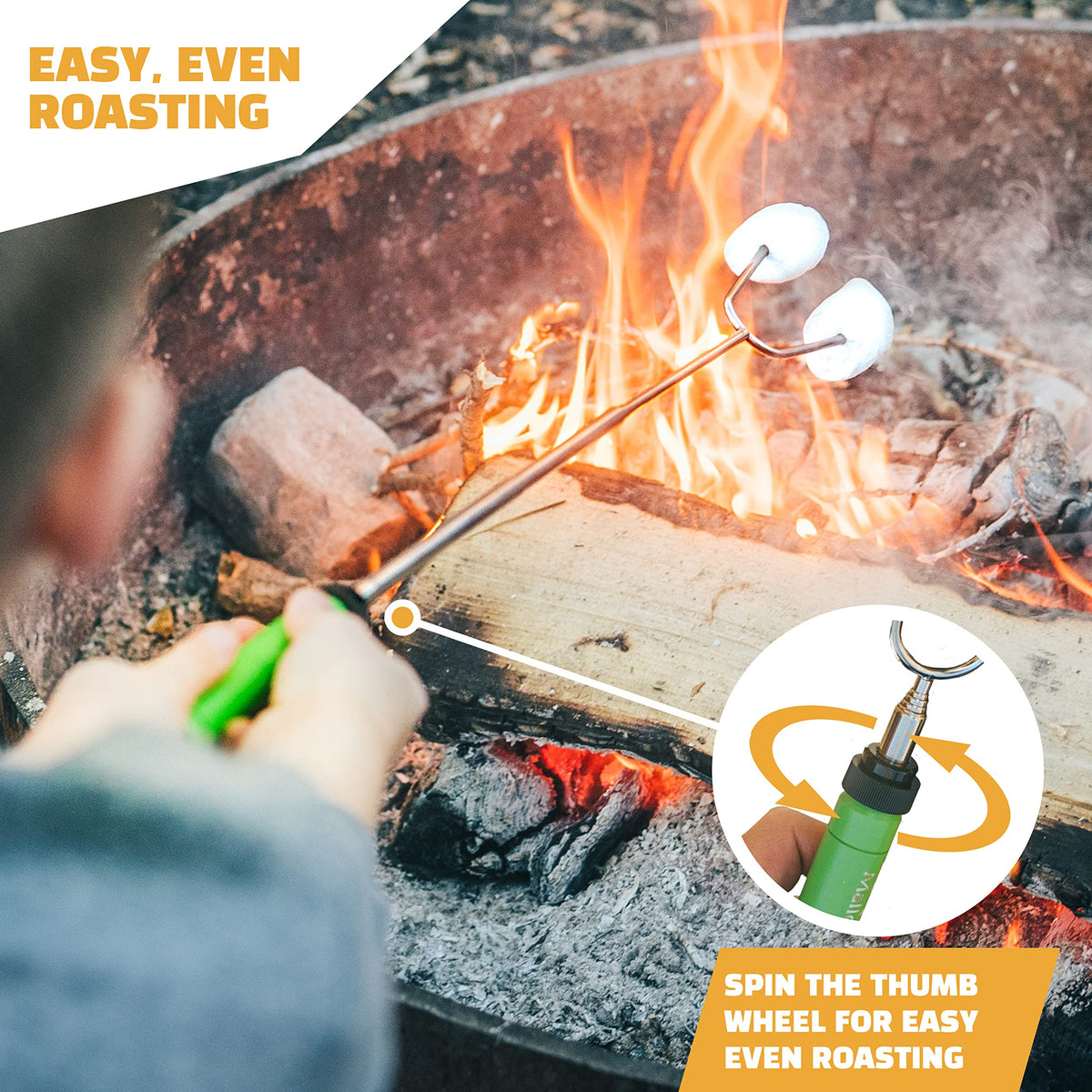 MalloMe Smores Sticks set up for campfire roasting marshmallows and hot dogs