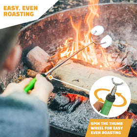 MalloMe Smores Sticks set up for campfire roasting marshmallows and hot dogs