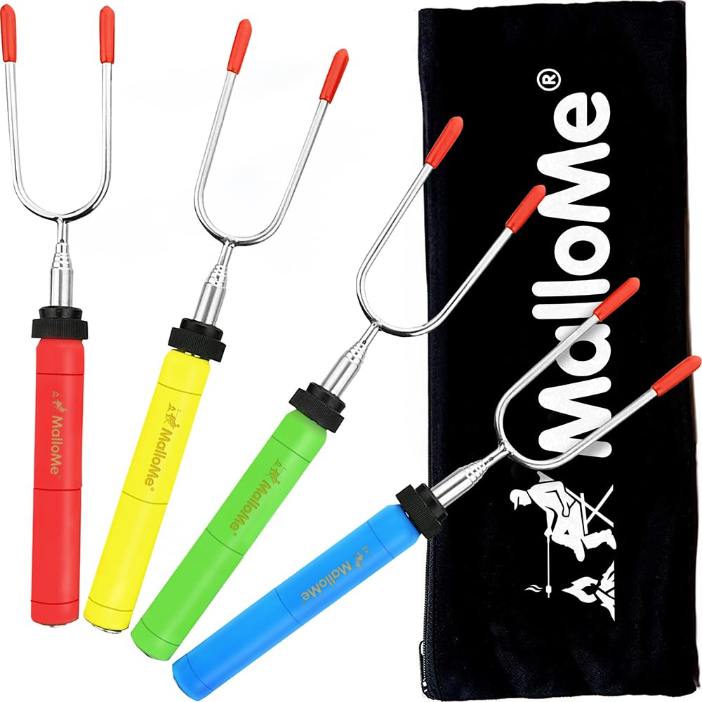 MalloMe rotating-handle smores sticks enable even roasting around campfire