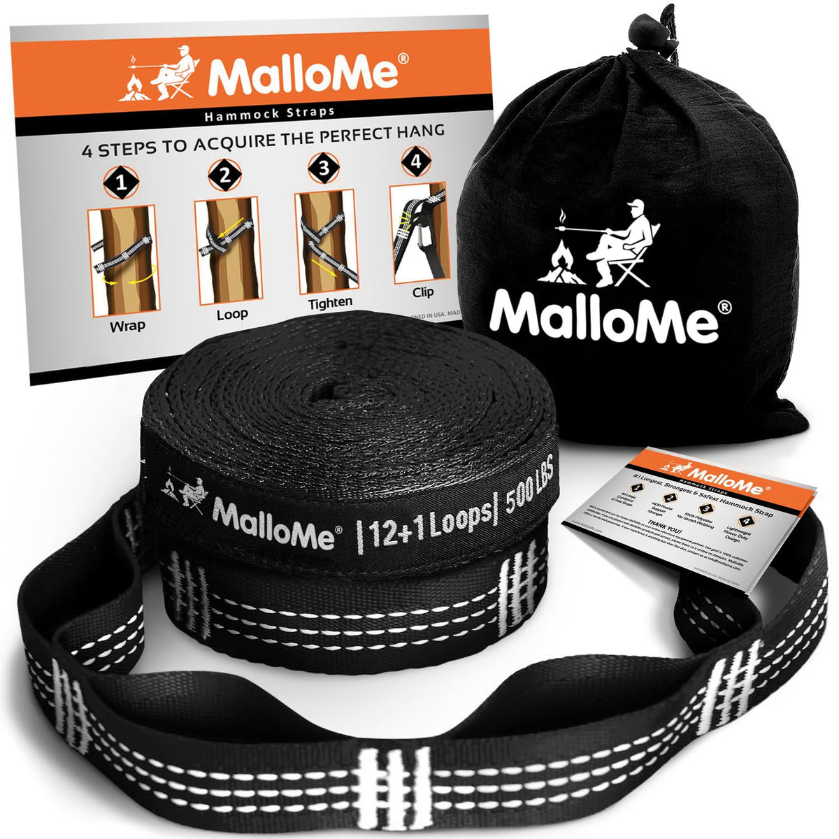 MalloMe tree swing straps in use with a hammock for quick, sturdy setup.