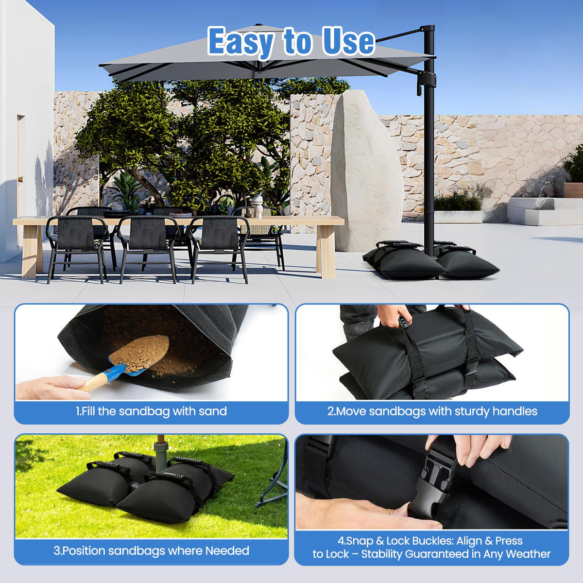 Malomke ready-for-outdoors solution for bases, beams, tents, and seasonal setups