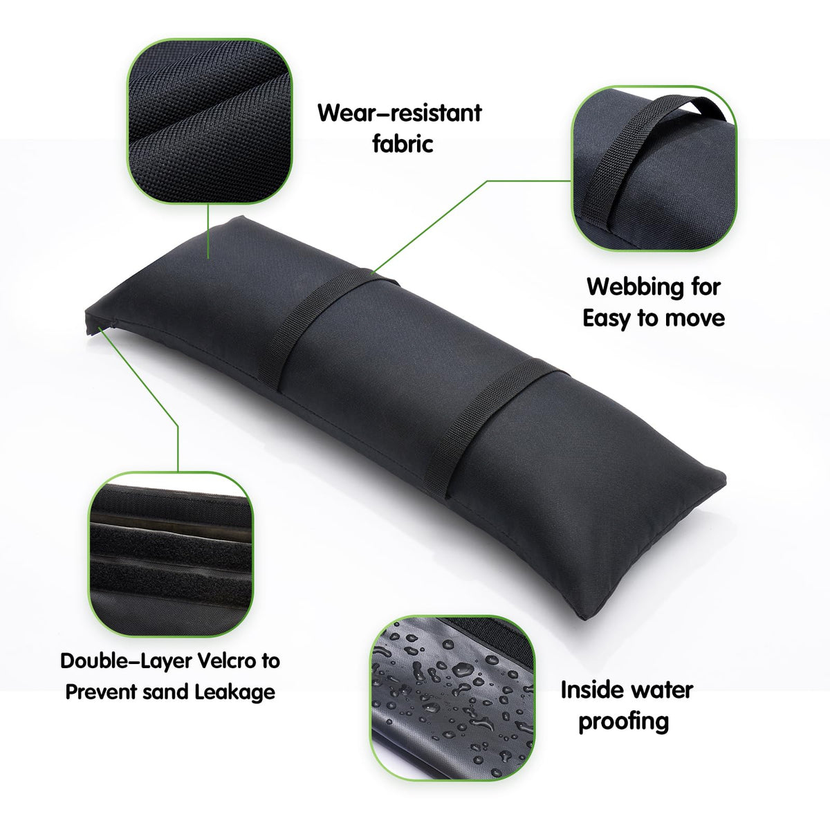 Malomke SandBags measure 25 x 8 x 5 inches for versatile setups.