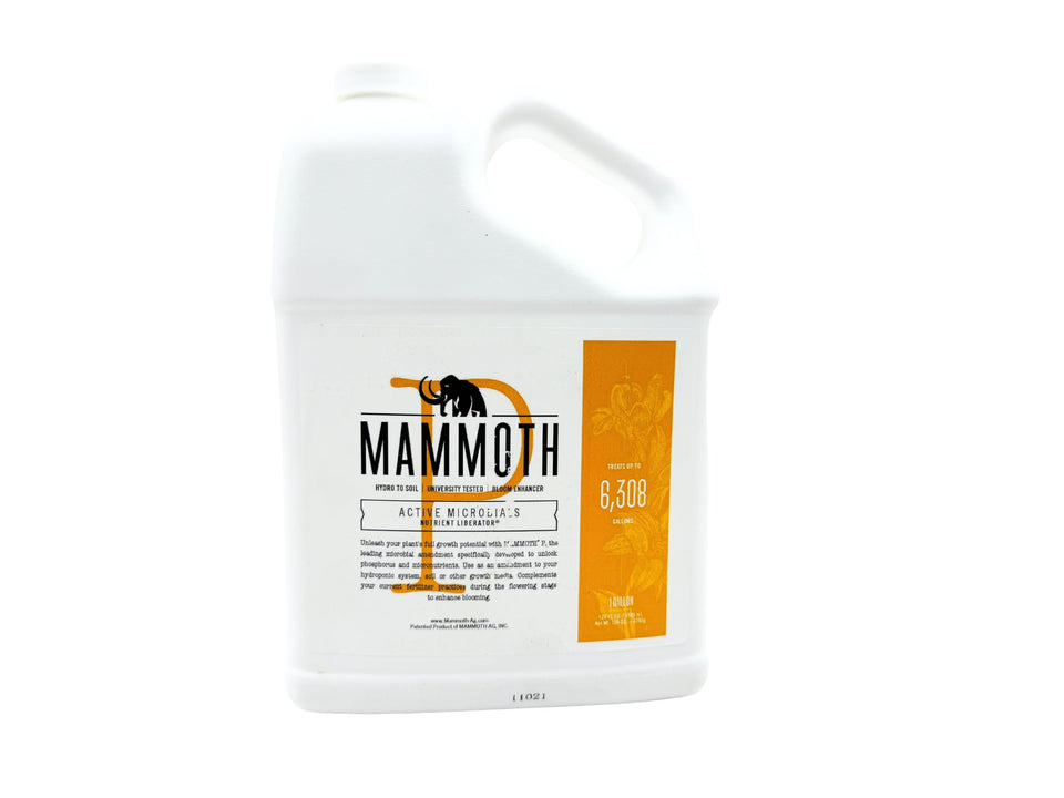 Mammoth Organic Bloom Booster bottle showing the organic formula for vibrant blooms.