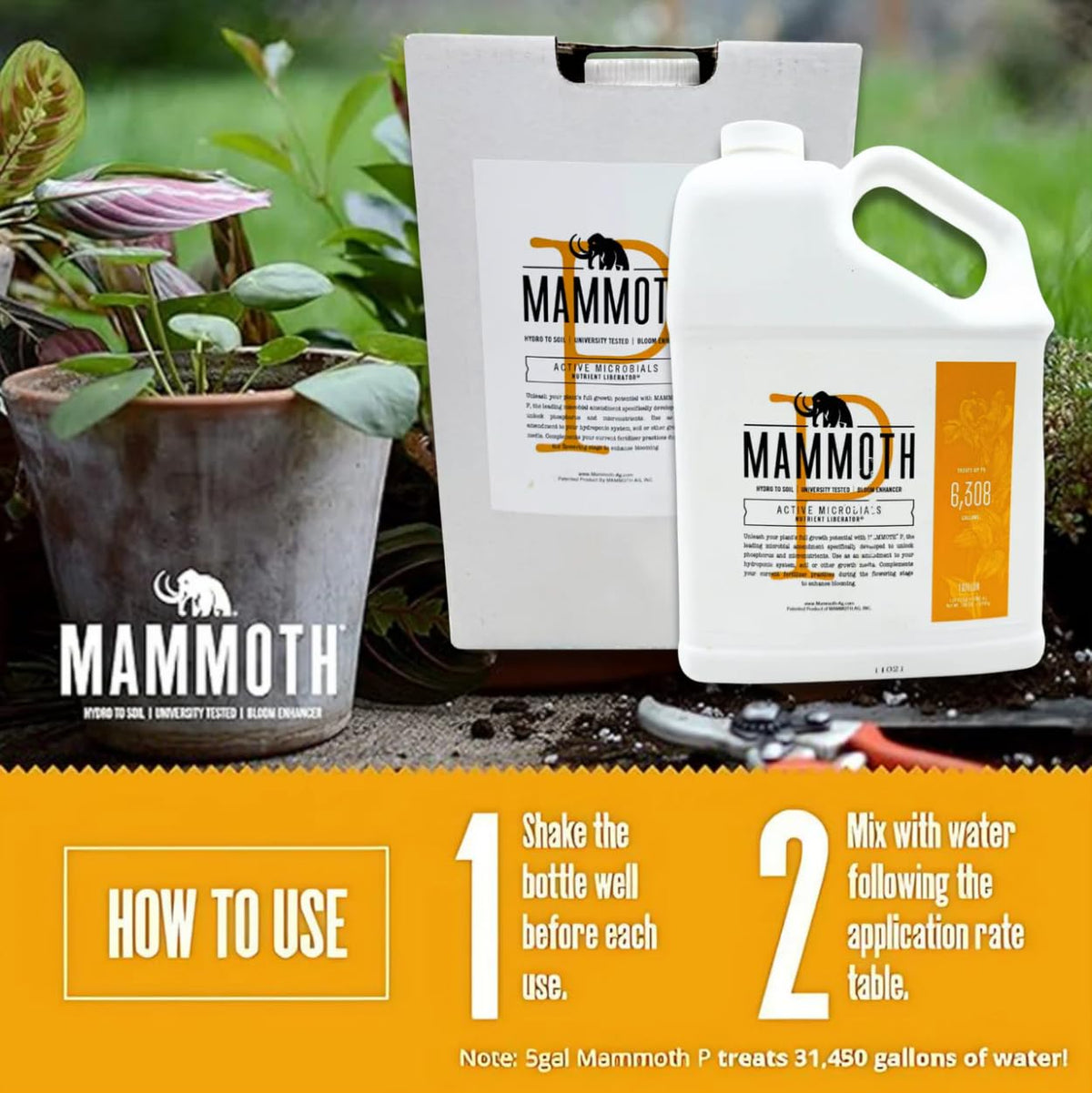 Mammoth P Organic Fertilizer microbial inoculant bottle promotes soil health and growth.