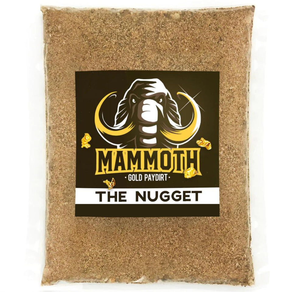 Mammoth Paydirt The Nugget Bag shows gold-rich paydirt for authentic treasure hunting.