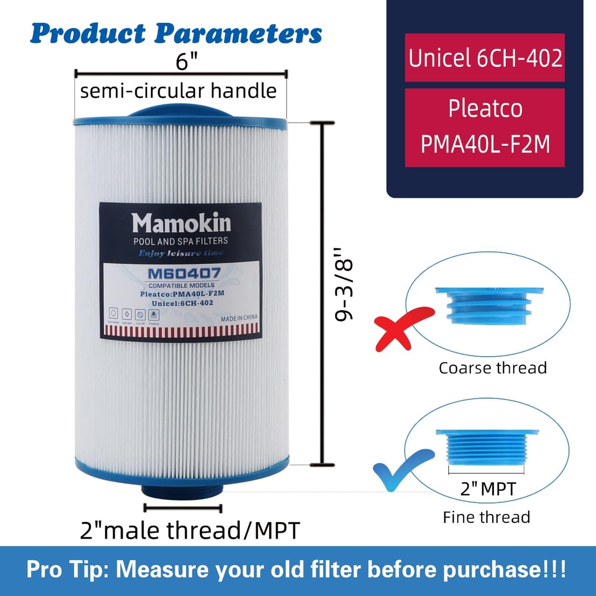 Mamokin 6CH-402 spa filter side view showing compact size for tight spa cabinets.