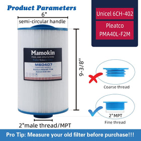 Mamokin 6CH-402 spa filter side view showing compact size for tight spa cabinets.